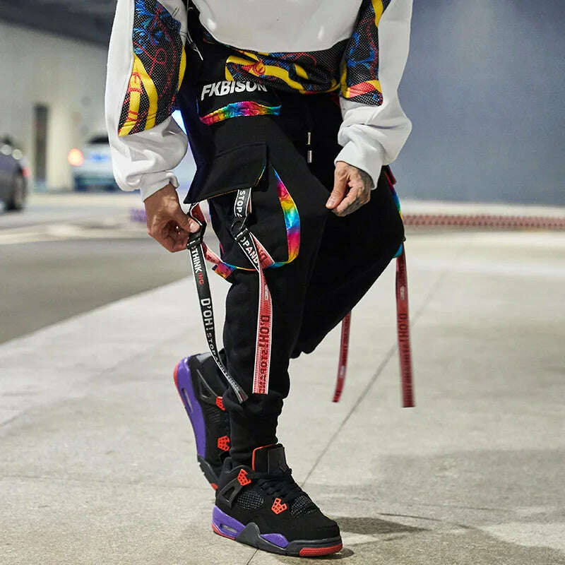 2023 New Hip-Hop Jogger Men's Harem Overalls Color Multi-Pocket Ribbon Men's Sports Pants Streetwear Casual Men's Casual Pants - KIMLUD