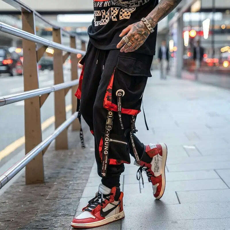 2023 New Hip-Hop Jogger Men's Harem Overalls Color Multi-Pocket Ribbon Men's Sports Pants Streetwear Casual Men's Casual Pants - KIMLUD