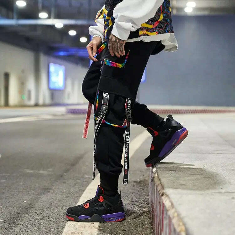 2023 New Hip-Hop Jogger Men's Harem Overalls Color Multi-Pocket Ribbon Men's Sports Pants Streetwear Casual Men's Casual Pants - KIMLUD