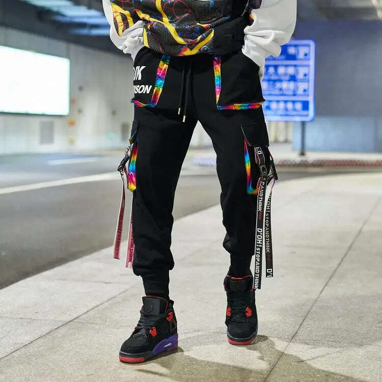 2023 New Hip-Hop Jogger Men's Harem Overalls Color Multi-Pocket Ribbon Men's Sports Pants Streetwear Casual Men's Casual Pants - KIMLUD