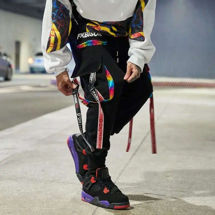 2023 New Hip-Hop Jogger Men's Harem Overalls Color Multi-Pocket Ribbon Men's Sports Pants Streetwear Casual Men's Casual Pants - KIMLUD