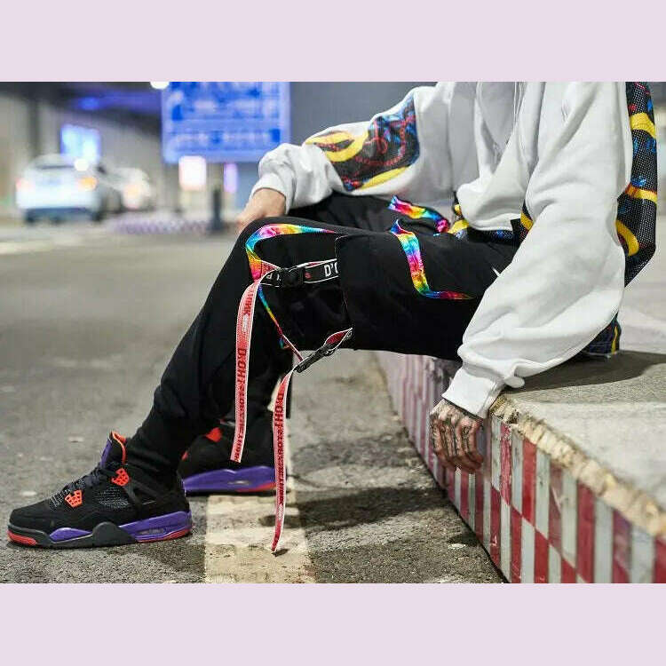 2023 New Hip-Hop Jogger Men's Harem Overalls Color Multi-Pocket Ribbon Men's Sports Pants Streetwear Casual Men's Casual Pants - KIMLUD