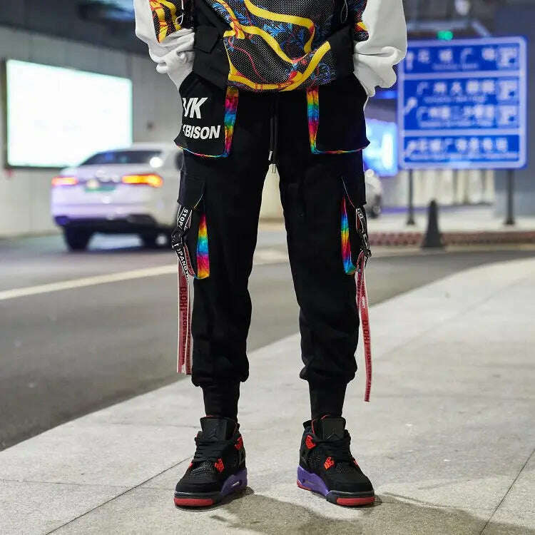 2023 New Hip-Hop Jogger Men's Harem Overalls Color Multi-Pocket Ribbon Men's Sports Pants Streetwear Casual Men's Casual Pants - KIMLUD