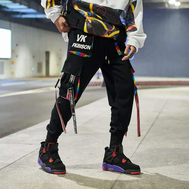 2023 New Hip-Hop Jogger Men's Harem Overalls Color Multi-Pocket Ribbon Men's Sports Pants Streetwear Casual Men's Casual Pants - KIMLUD