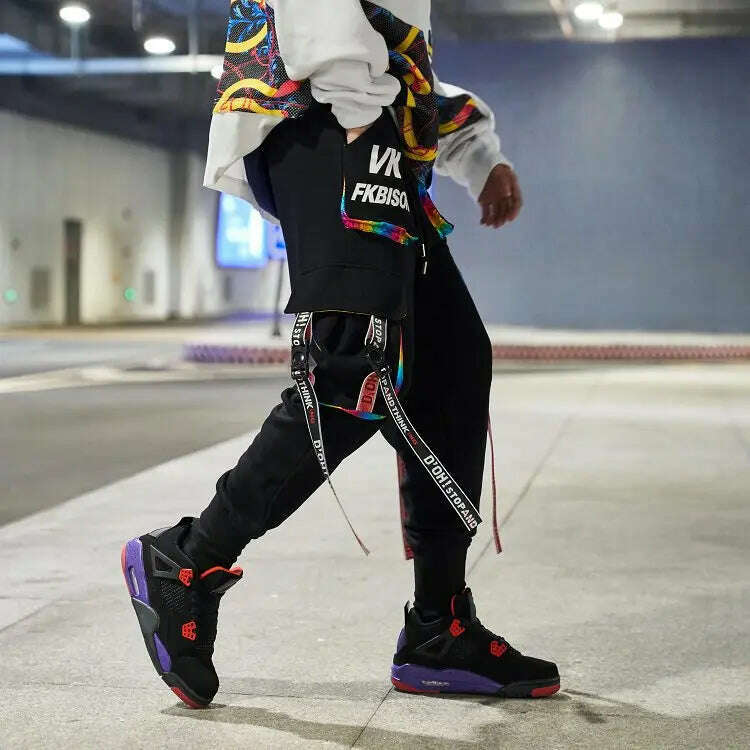 2023 New Hip-Hop Jogger Men's Harem Overalls Color Multi-Pocket Ribbon Men's Sports Pants Streetwear Casual Men's Casual Pants - KIMLUD
