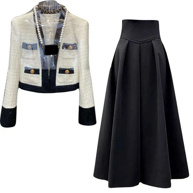 2023 New Little Fragrance Two Piece Set Streetwear Stylish V-Neck Tweed Jacket+High Waist A-Line Skirt With Split Wide Leg Pants - KIMLUD