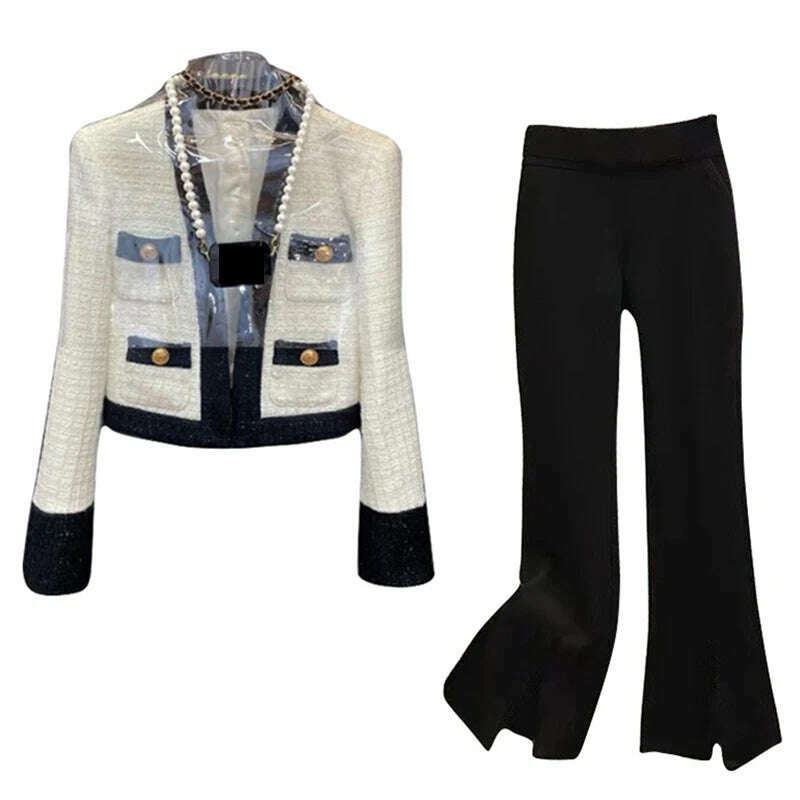 2023 New Little Fragrance Two Piece Set Streetwear Stylish V-Neck Tweed Jacket+High Waist A-Line Skirt With Split Wide Leg Pants - KIMLUD
