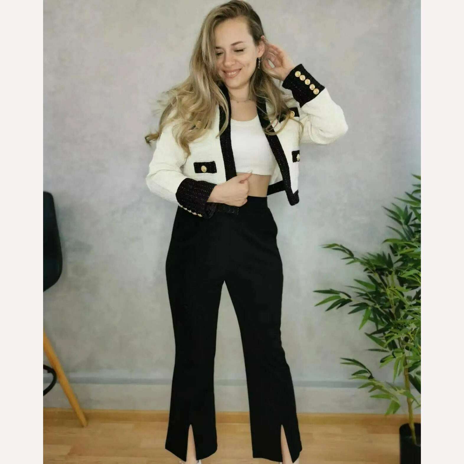 2023 New Little Fragrance Two Piece Set Streetwear Stylish V-Neck Tweed Jacket+High Waist A-Line Skirt With Split Wide Leg Pants - KIMLUD