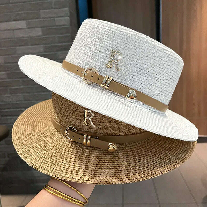 2023 New Metal R Letter Buckle Straw Hat Leisure Summer Sunscreen Hat Women&#39;s Fashionable Beach Hat Vintage Hat Church Hats - KIMLUD