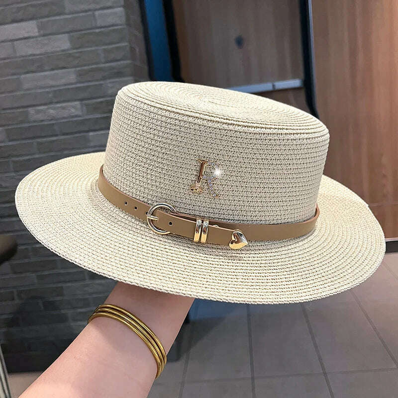 2023 New Metal R Letter Buckle Straw Hat Leisure Summer Sunscreen Hat Women&#39;s Fashionable Beach Hat Vintage Hat Church Hats - KIMLUD