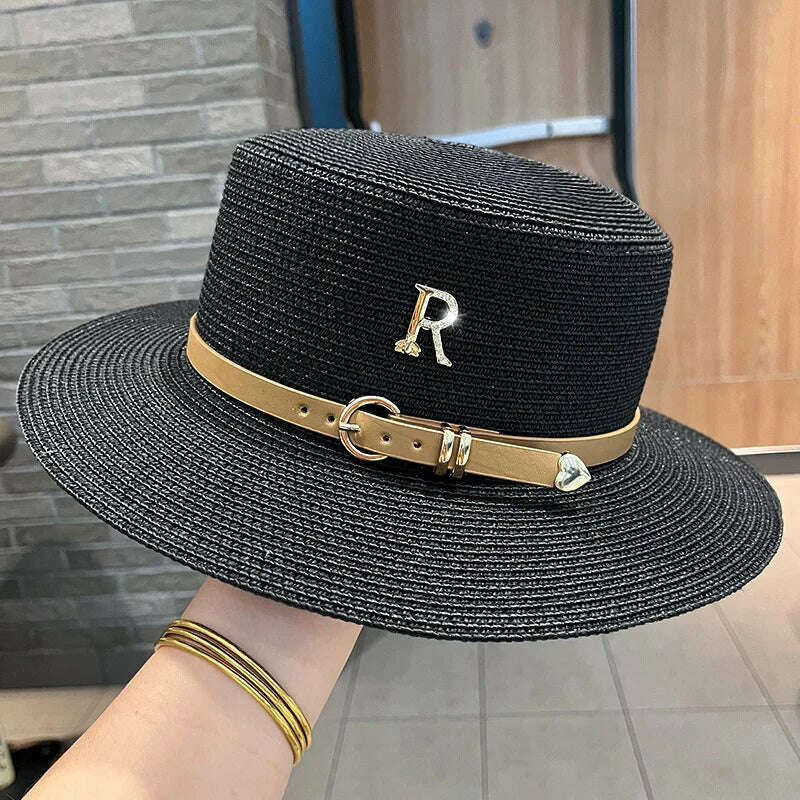 2023 New Metal R Letter Buckle Straw Hat Leisure Summer Sunscreen Hat Women&#39;s Fashionable Beach Hat Vintage Hat Church Hats - KIMLUD