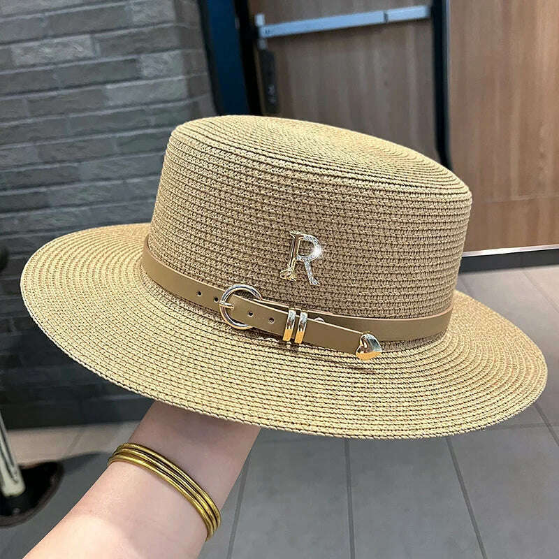 2023 New Metal R Letter Buckle Straw Hat Leisure Summer Sunscreen Hat Women&#39;s Fashionable Beach Hat Vintage Hat Church Hats - KIMLUD