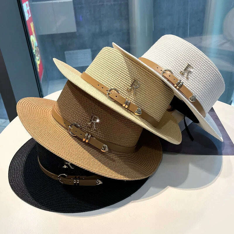 2023 New Metal R Letter Buckle Straw Hat Leisure Summer Sunscreen Hat Women&#39;s Fashionable Beach Hat Vintage Hat Church Hats - KIMLUD