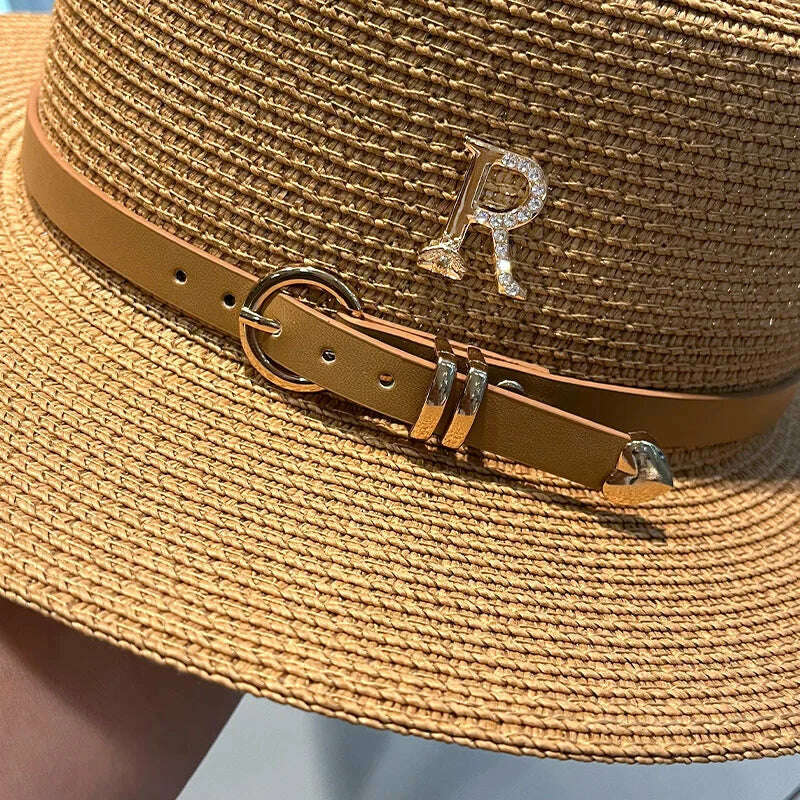 2023 New Metal R Letter Buckle Straw Hat Leisure Summer Sunscreen Hat Women&#39;s Fashionable Beach Hat Vintage Hat Church Hats - KIMLUD