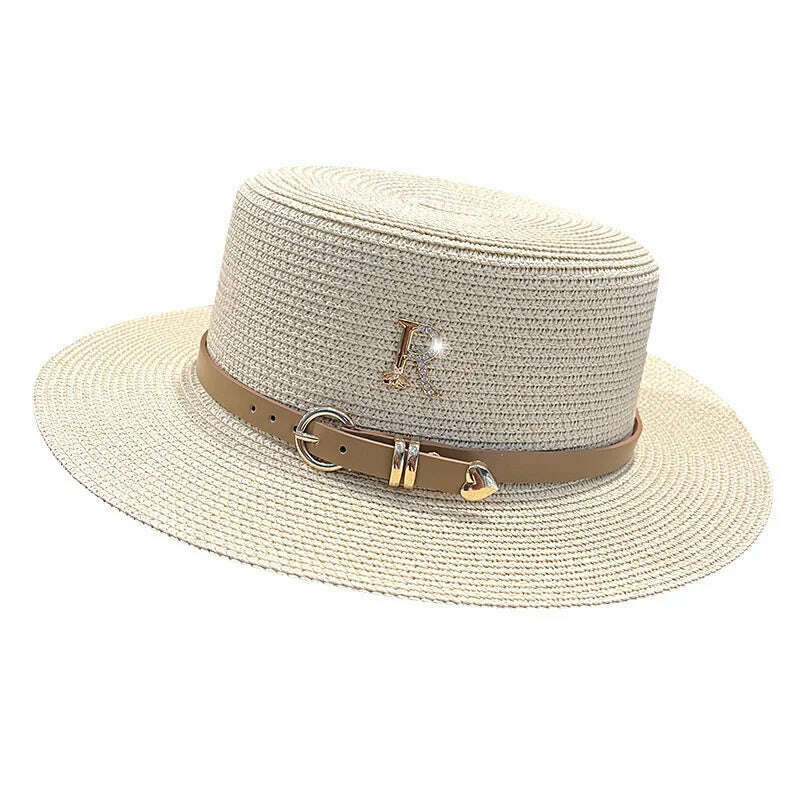 2023 New Metal R Letter Buckle Straw Hat Leisure Summer Sunscreen Hat Women&#39;s Fashionable Beach Hat Vintage Hat Church Hats - KIMLUD