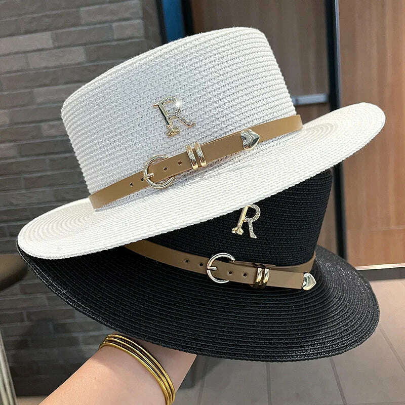 2023 New Metal R Letter Buckle Straw Hat Leisure Summer Sunscreen Hat Women&#39;s Fashionable Beach Hat Vintage Hat Church Hats - KIMLUD