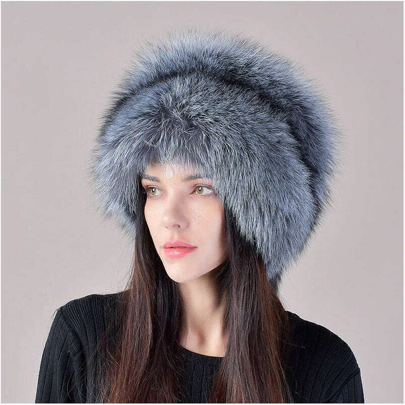 2023 New Style Natural Fox Fur Russian Hat Ushanka Women Winter Warm Fluffy Popular Style Female Tail Cap Fashion Real Fur Hats - KIMLUD