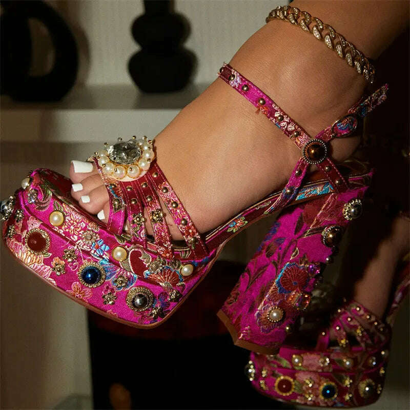 2023 New Women Pumps High Heels Thick Platform Banquet Female Sandals Satin Big Size Fashion Runway Colorful Sexy Ladies Shoes - KIMLUD