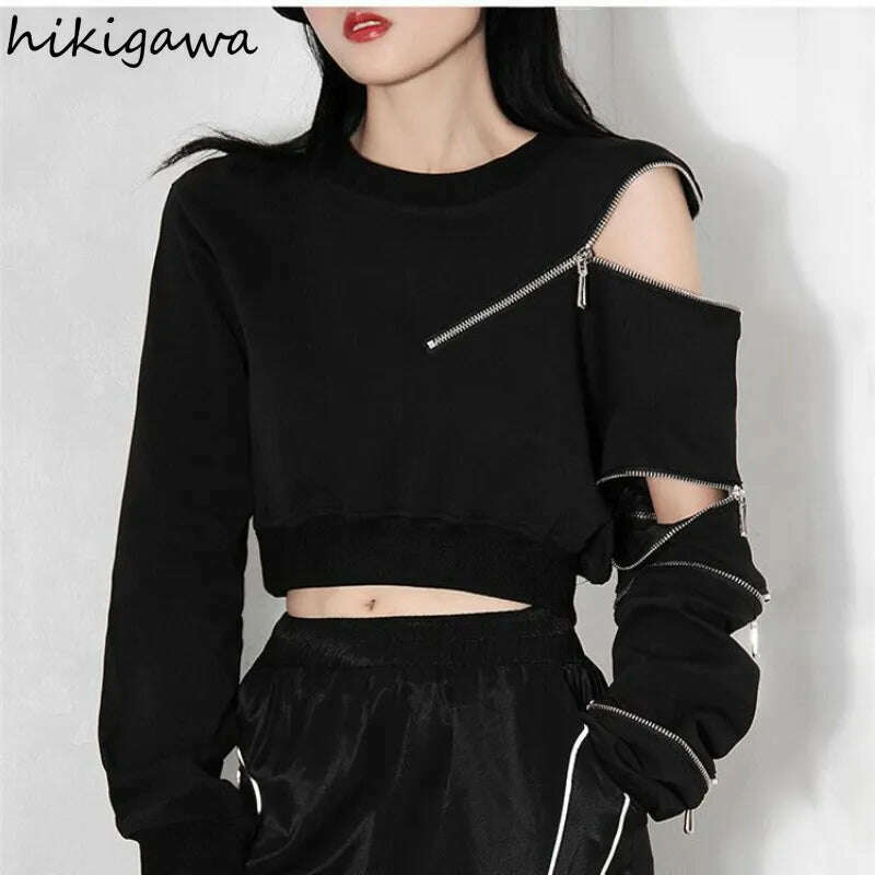2023 Ropa Mujer Cropped Tops Fashion Hoodies Women O-neck Long Sleeve Zipper Pullovers Chic Hollow Out Sexy Korean Sweatshirt - KIMLUD