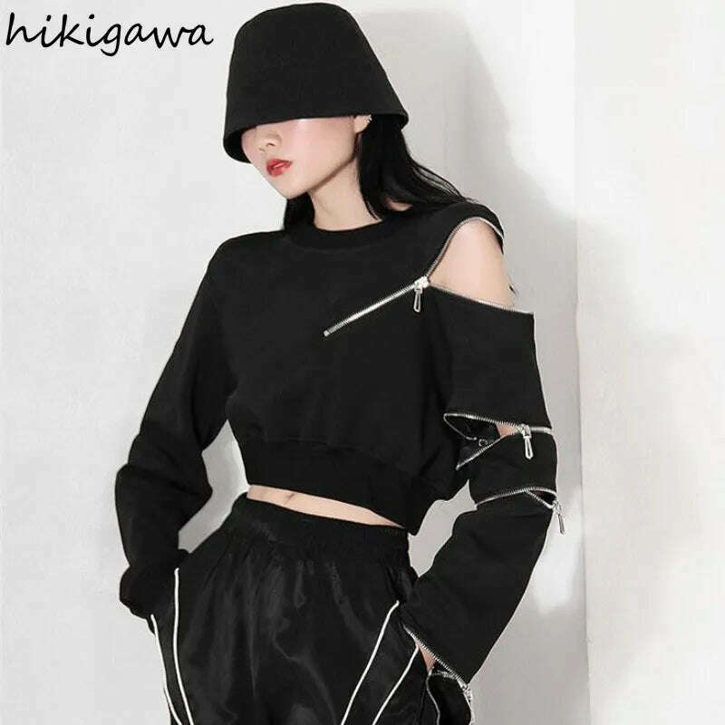 2023 Ropa Mujer Cropped Tops Fashion Hoodies Women O-neck Long Sleeve Zipper Pullovers Chic Hollow Out Sexy Korean Sweatshirt - KIMLUD