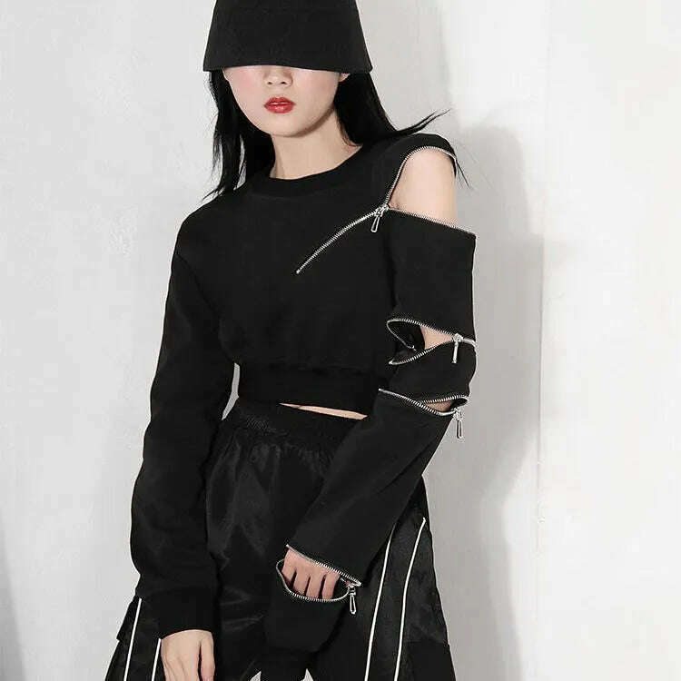 2023 Ropa Mujer Cropped Tops Fashion Hoodies Women O-neck Long Sleeve Zipper Pullovers Chic Hollow Out Sexy Korean Sweatshirt - KIMLUD