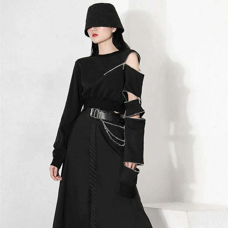 2023 Ropa Mujer Cropped Tops Fashion Hoodies Women O-neck Long Sleeve Zipper Pullovers Chic Hollow Out Sexy Korean Sweatshirt - KIMLUD