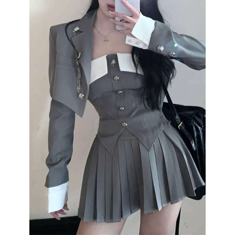 KIMLUD, 2023 Spring for Women Korean Style Gray Suit Coat + Pleated Mini Skirt Suit 2 Pieces Sets Tight-fitting Retro Y2k Suit, KIMLUD Womens Clothes