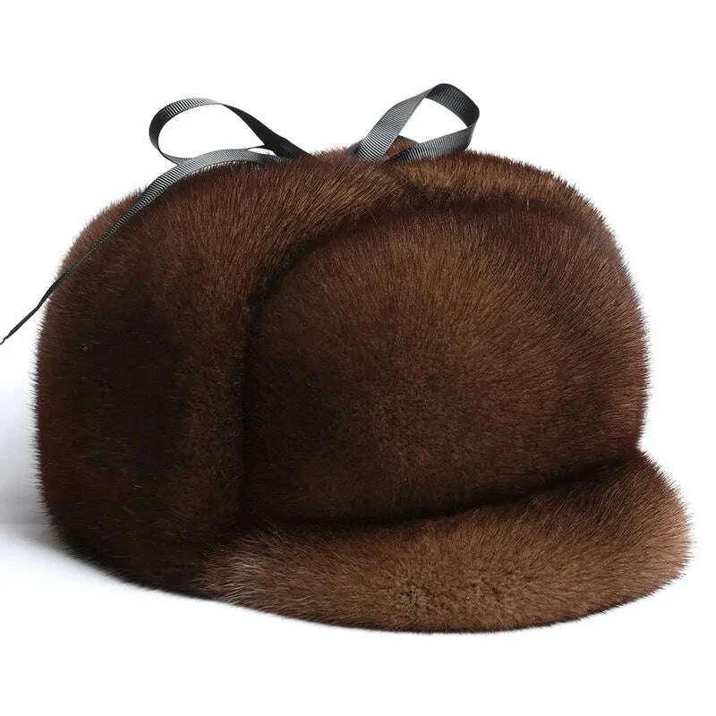 2023 Winter Unisex Top Real Mink Fur Bomber Hat Male Genuine Marten Head Warm Black/Brown Caps Best Gift For parent Gorras - KIMLUD