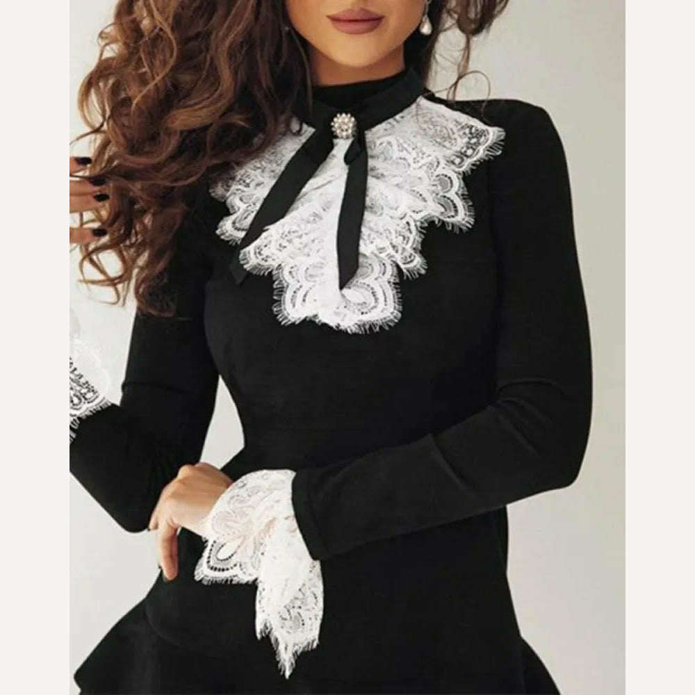 2023 Women's Dresses Fashion Elegant Sexy Long Sleeve Lace Bell Sleeve Ruffle Dress OL Classic Romantic Patchwork Mini Dress - KIMLUD