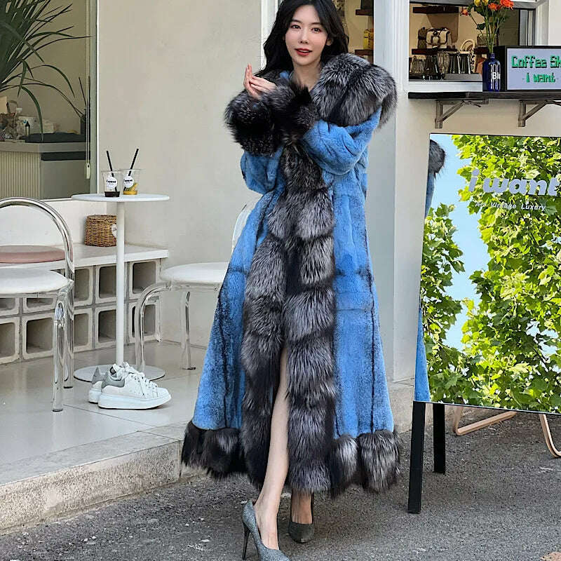 KIMLUD, 2023Women Real Rex Rabbit Fur Coats With Fox Lapel Collar Natural Whole Skin Genuine Fur Long Jackets Overcoat Winter, KIMLUD Womens Clothes