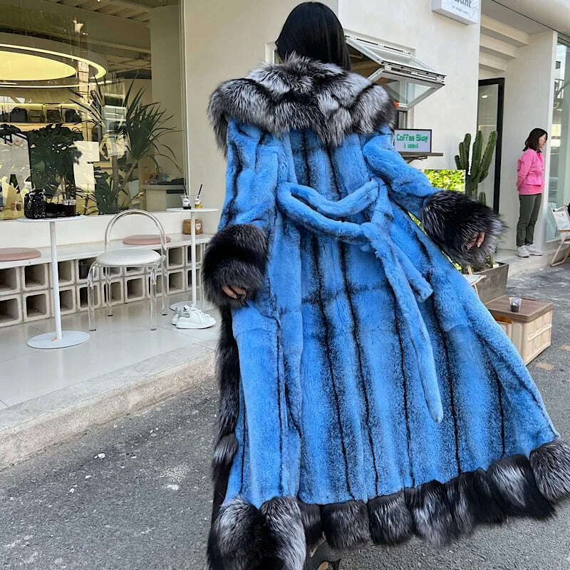 KIMLUD, 2023Women Real Rex Rabbit Fur Coats With Fox Lapel Collar Natural Whole Skin Genuine Fur Long Jackets Overcoat Winter, KIMLUD Womens Clothes