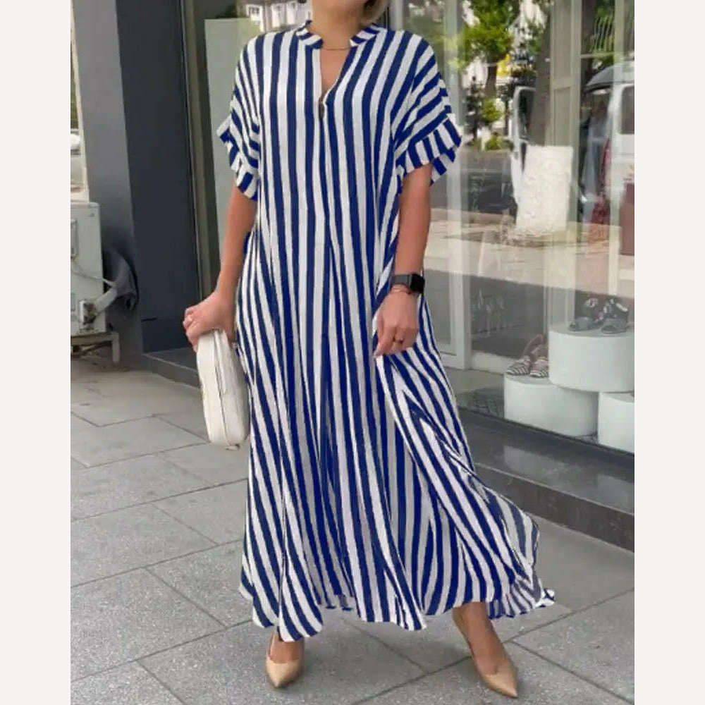 KIMLUD, 2024 AliExpress Europe and America Plus Size Women's Cross border Summer New Product Split Casual Stripe Short sleeved Dress, Blue / XL, KIMLUD Womens Clothes