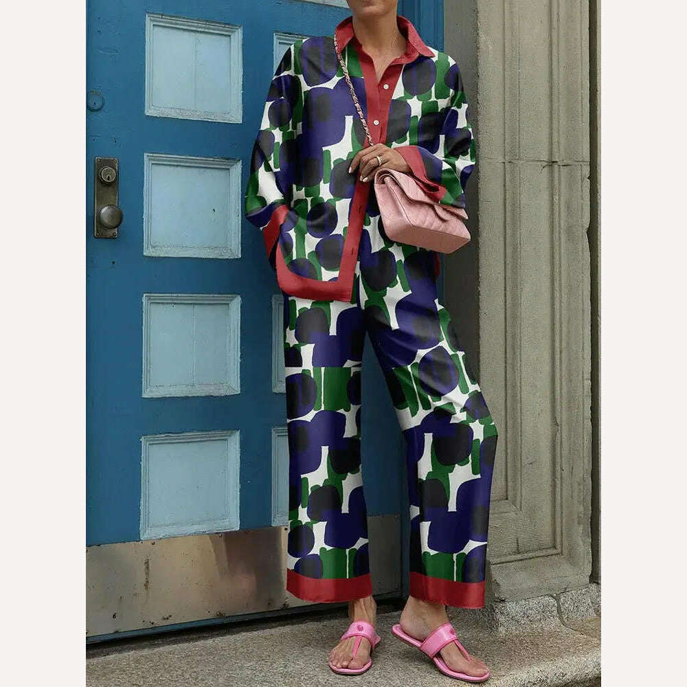 2024 Autumn New Loose Vintage Printed Pant Sets Women Long Sleeve Shirts And Wide Legs Trousers Two Piece Set Fashion Streetwear - KIMLUD