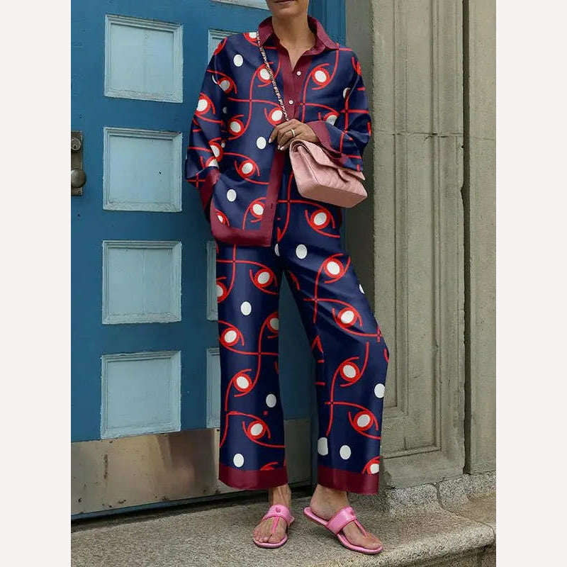 2024 Autumn New Loose Vintage Printed Pant Sets Women Long Sleeve Shirts And Wide Legs Trousers Two Piece Set Fashion Streetwear - KIMLUD