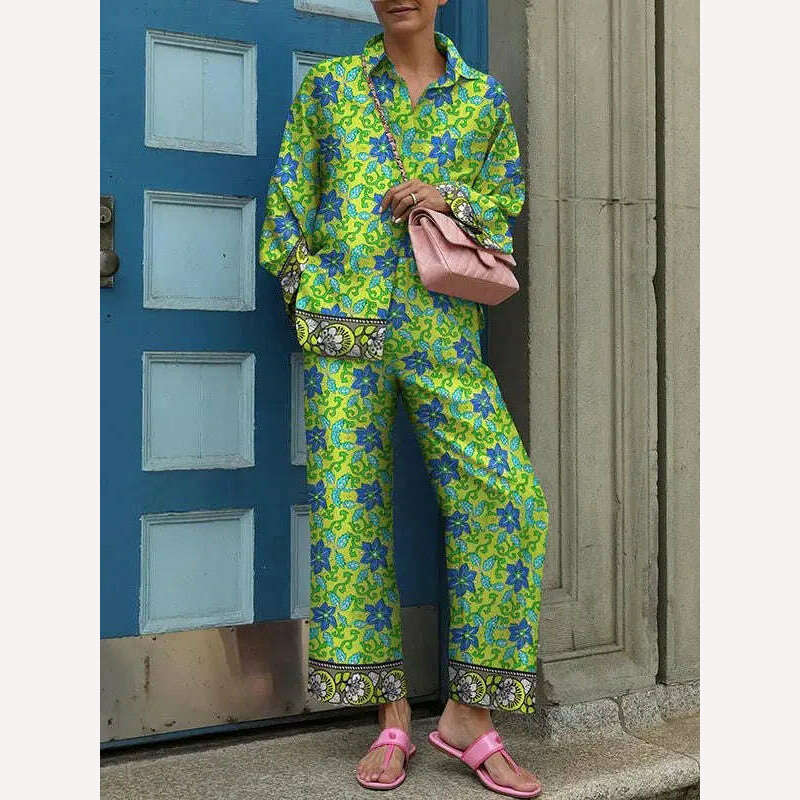 2024 Autumn New Loose Vintage Printed Pant Sets Women Long Sleeve Shirts And Wide Legs Trousers Two Piece Set Fashion Streetwear - KIMLUD