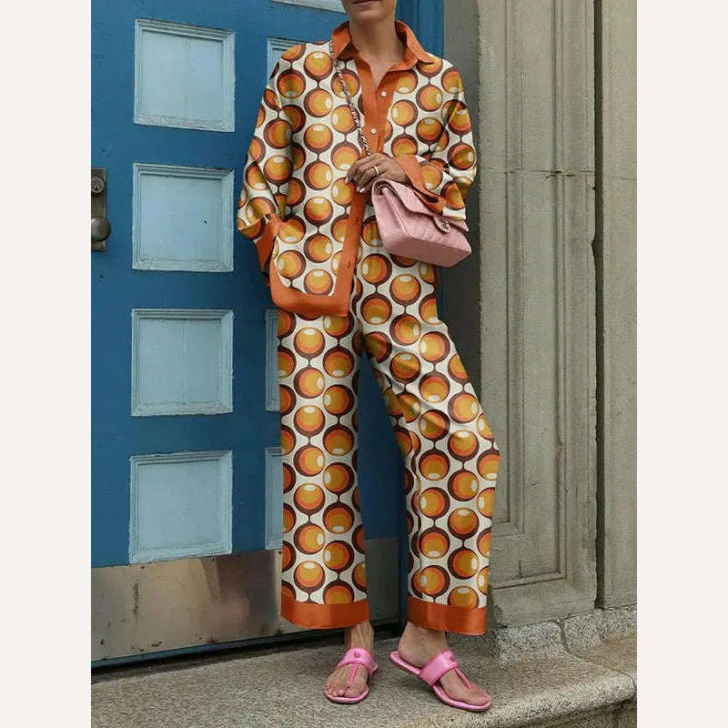 2024 Autumn New Loose Vintage Printed Pant Sets Women Long Sleeve Shirts And Wide Legs Trousers Two Piece Set Fashion Streetwear - KIMLUD