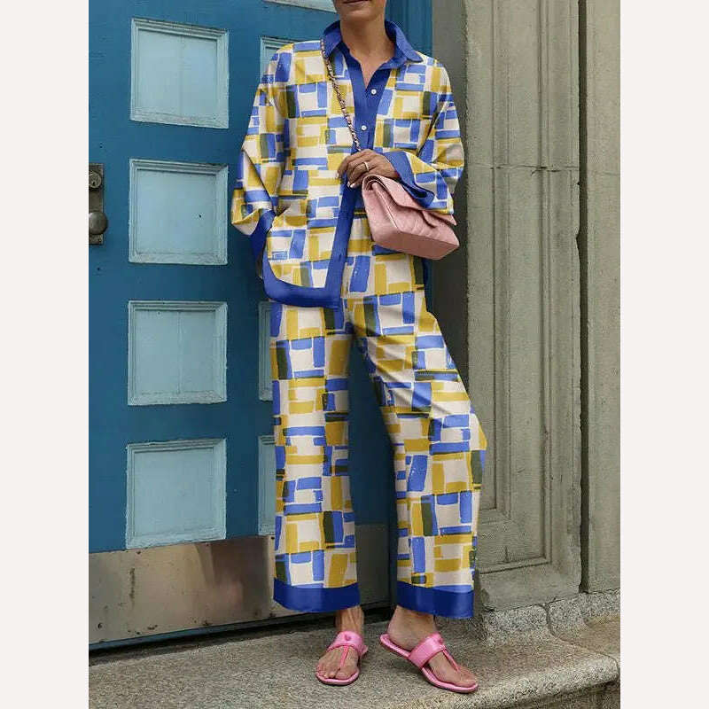 2024 Autumn New Loose Vintage Printed Pant Sets Women Long Sleeve Shirts And Wide Legs Trousers Two Piece Set Fashion Streetwear - KIMLUD