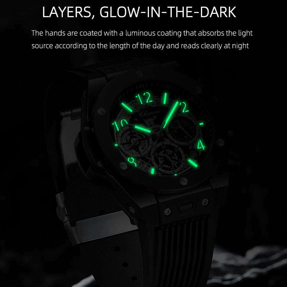 2024 CHENXI Mens Watches Top Brand Luxury Black Silicone Strap Sports Military Watch Men Waterproof Watches Stopwatch Moon Phase - KIMLUD