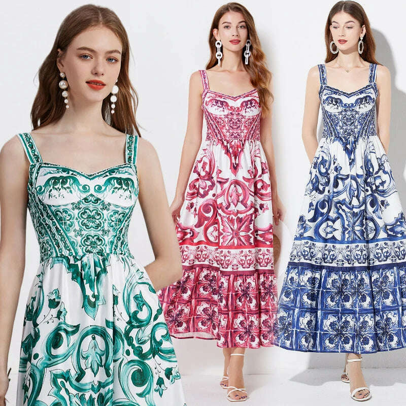 2024 Elegant Flower Print Suspender Dress Women Fashion Off Shoulder Backless Midi Dresses Chic Female Party Club Vestidos - KIMLUD