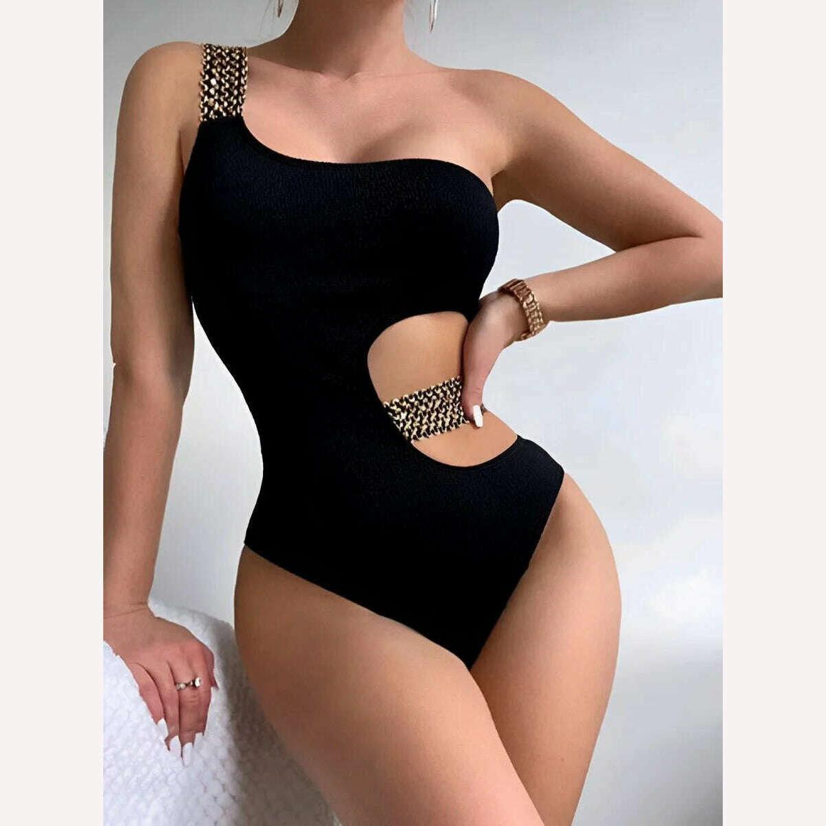 KIMLUD, 2024 Metal Chain Shoulder Swimsuit Women One Piece Hollow Out Swimwear Female Bodysuit Bathing Swimming Suit Bathers Beachwear, Black / S, KIMLUD Womens Clothes