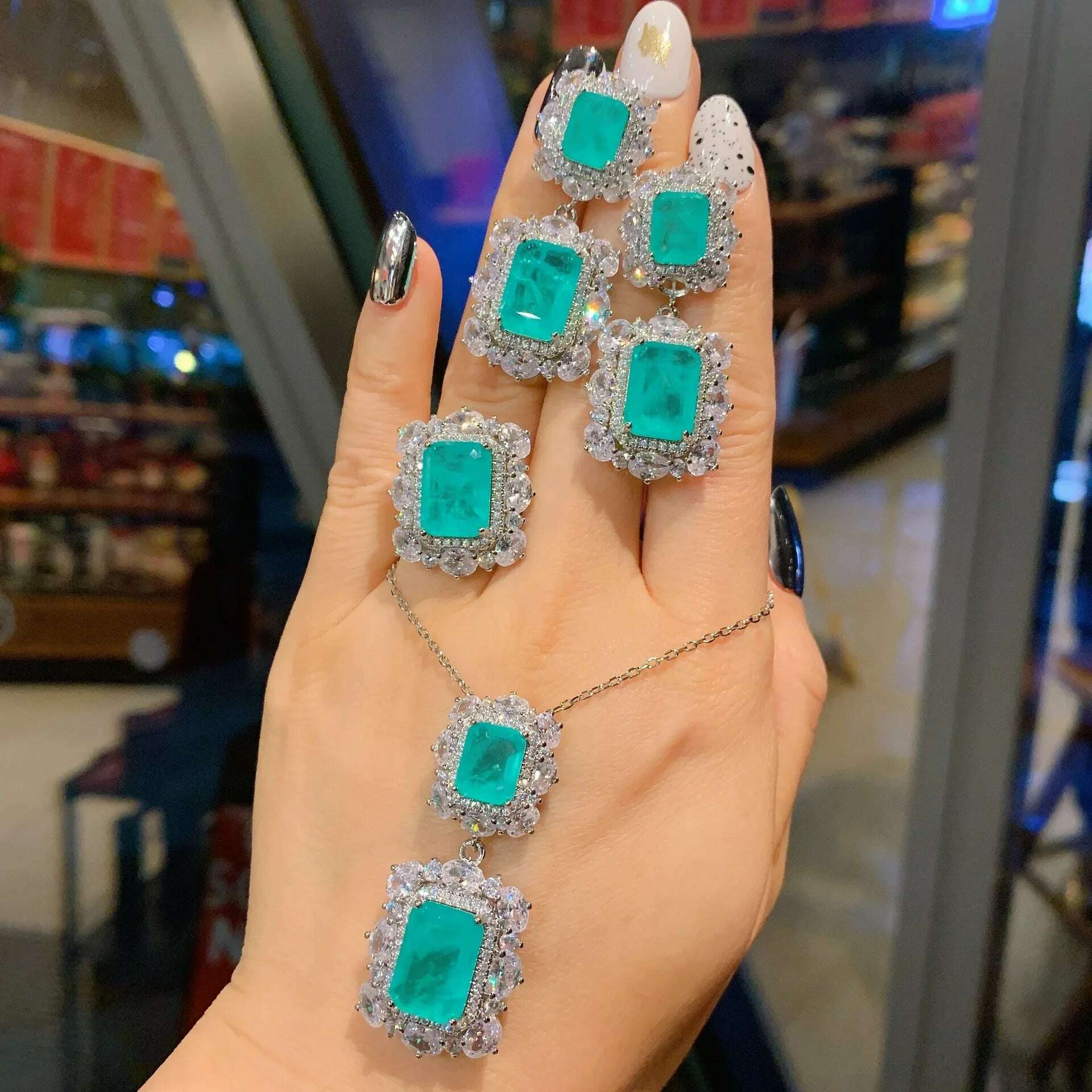 KIMLUD, 2024 New 925 Sterling Silver Paraiba Necklace Pendant Ring Earring Women Luxury wedding anniversary Gift Party Fine Jewelry Set, KIMLUD Womens Clothes