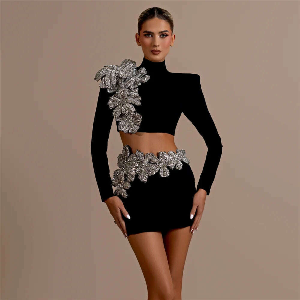 KIMLUD, 2024 New Autumn Women Bandage Sets Sexy Beading Long Sleeve Tops Mini Skirt Club Party Outwear Two Pieces Sets, KIMLUD Womens Clothes