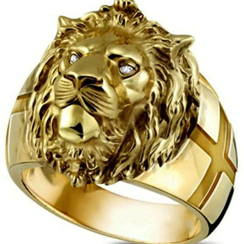 KIMLUD, 2024 New Golden Lion Head Rings Stainless Steel Boy Band Party Gothic Lion Domineering Men's Ring Golden Ring Unisex Jewelry, KIMLUD Womens Clothes