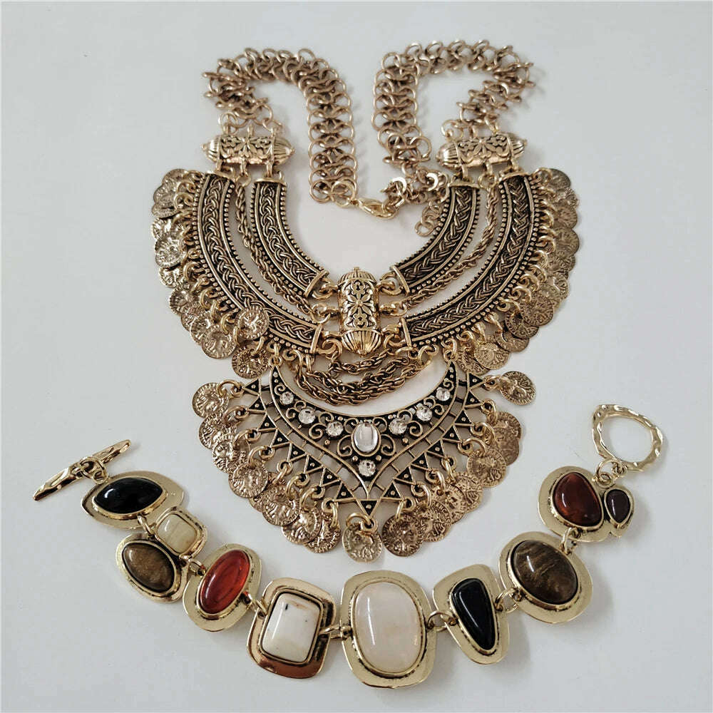 2024 New Indian Vintage Statement Coins Tassel Necklace Women Jewelry Sets Boho Baroque Retro Large Collar Necklace Bracelet Set - KIMLUD