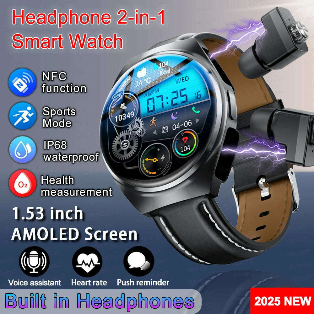 KIMLUD, 2024 New Smart Watch TWS Headset Two In One Wireless Bluetooth Dual Earbuds Call Health Monitor Sport Tracker NFC Smartwatch man, KIMLUD Womens Clothes