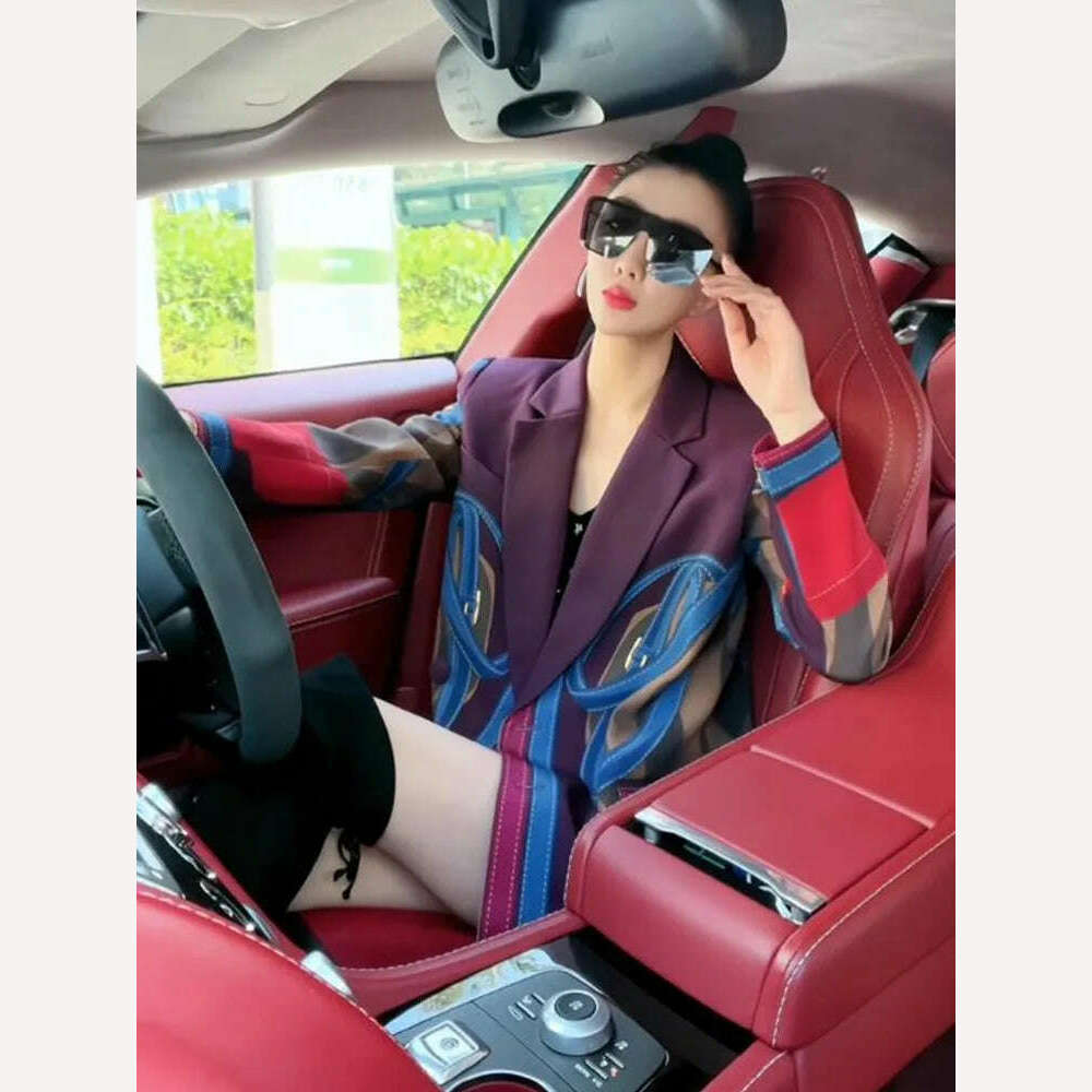 2024 New Women Fashion contrast color Print Blazer ladies casual loose suit Jacket notched collar Long Sleeve Suit Coat Y4830 - KIMLUD