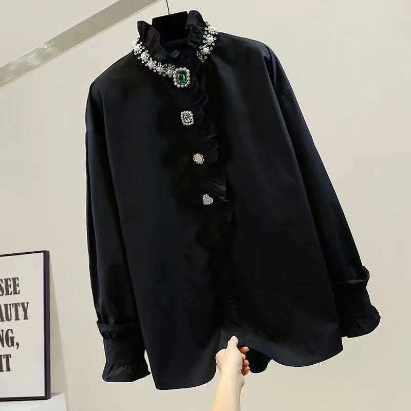 2024 Spring Autumn Fashion Black White Blouse for Women Luxury Beads Diamonds Collar Bottoming Shirt Loose Oversized 6XL Top - KIMLUD