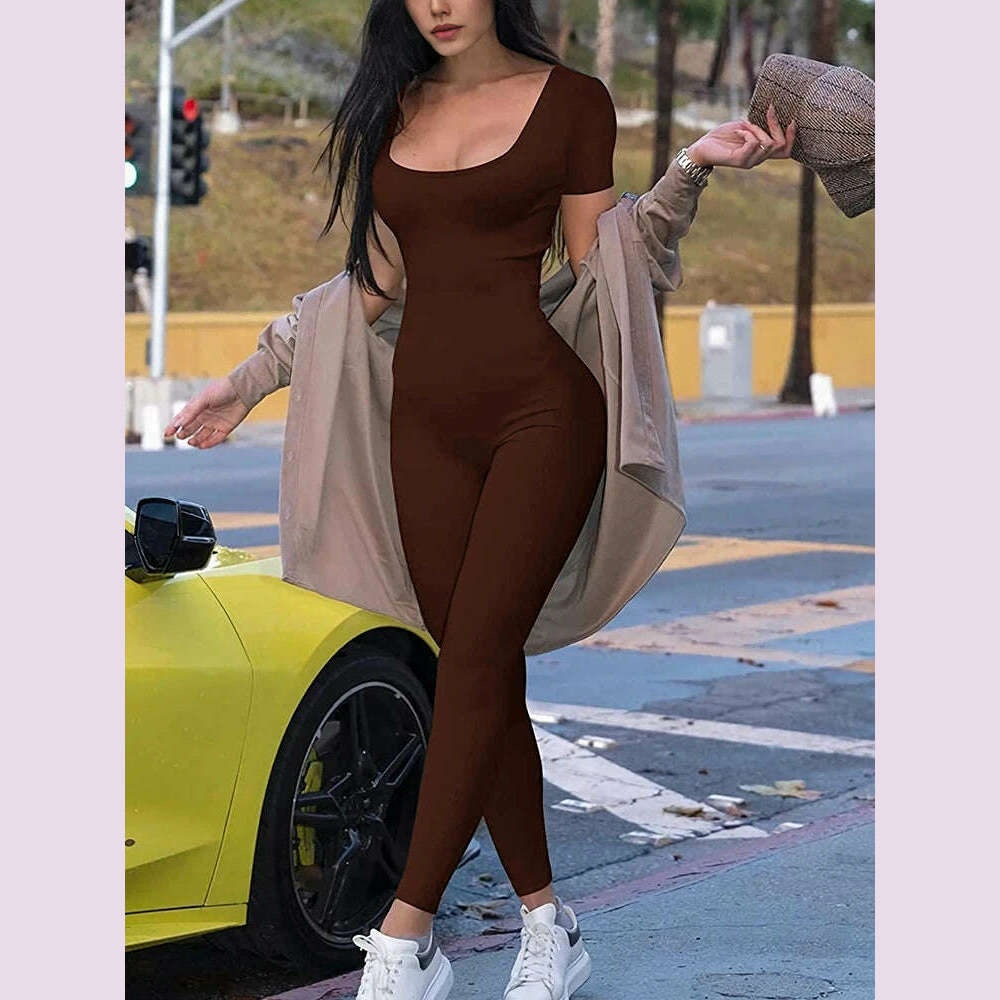 KIMLUD, 2024 Summer New Women's Round Neck Short Sleeve Slim One Piece Pure Color Yoga Clothing Fitness Jumpsuit, Coffee / S, KIMLUD APPAREL - Womens Clothes