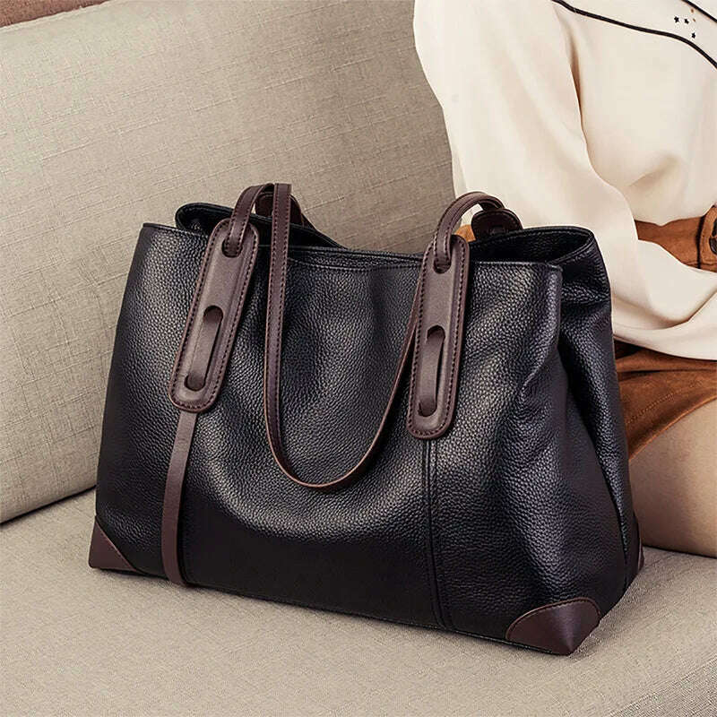 2024 Winter Spring Lichee Genuine Leather Women Shoulder Handbag Large Capacity Soft Cowhide Pacthwork Female Tote Bag - KIMLUD