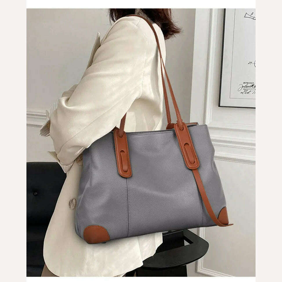 2024 Winter Spring Lichee Genuine Leather Women Shoulder Handbag Large Capacity Soft Cowhide Pacthwork Female Tote Bag - KIMLUD